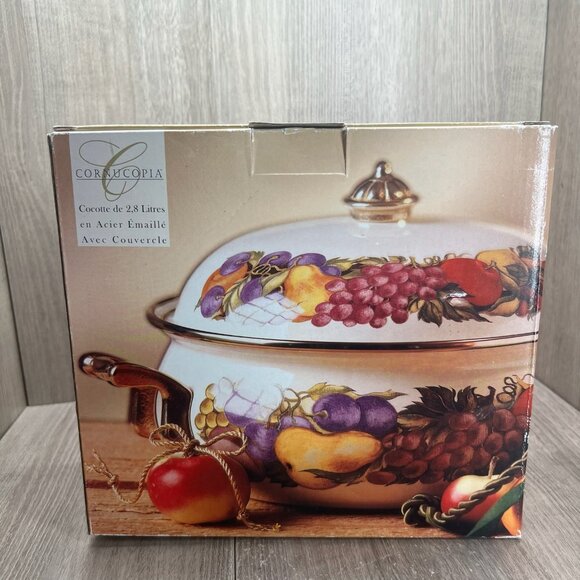Cornucopia Enamel On Steel 3 Quart Covered Casserole Fruit Pattern Brass Handle - Picture 1 of 13
